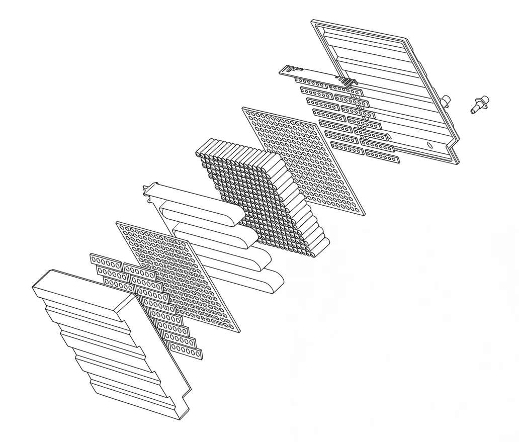 An exploded view of a battery module: casing, cell holders, cylindrical cells and busbars laid out in sequence